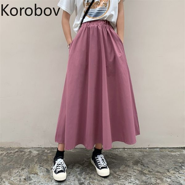 

korobov high waist hip a line skirt women summer new retro loose solid jupe femme wild pocket design faldas mujer 210430, Black