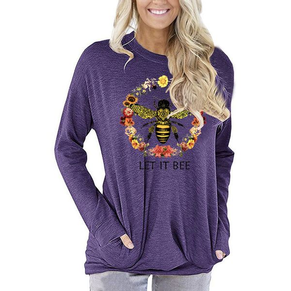 

2021 new bee print round neck long sleeve t-shirt women loose, White