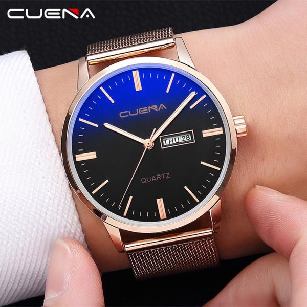 

wristwatches cuena men wrist watch fashion stainless steel sport analog quartz man watches quartzo day date male clock, Slivery;brown