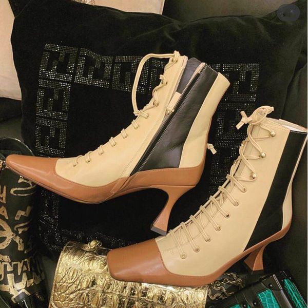 

boots women shoes patent leather-trimmed ankle colourblock patchwork leather lace-up 2021 fashion women's, Black