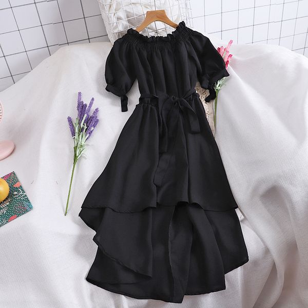 

2021woherb summer casual chiffon off shoulder bandage dress women 2021 asymmetrical ruffle dresses vestidos de festa 22291, Black;gray