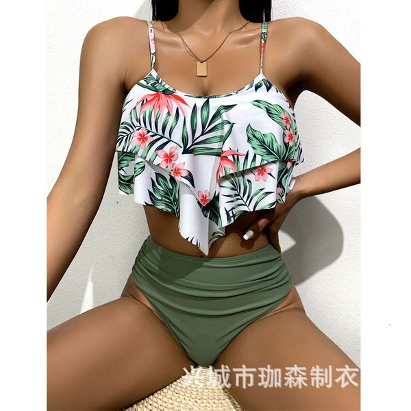 

bikini high waist split women's ruffle printed swimsuit, White;black