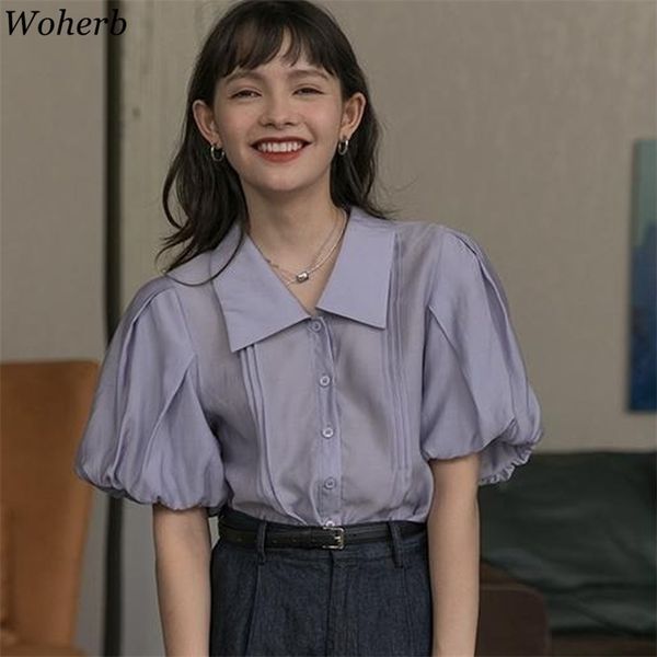 

purple short-sleeved shirt design retro puff lantern sleeve white female summer korean chic all match blouse 210519