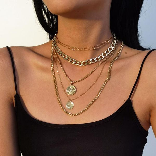 

pendant necklaces 2021 collar gold silver color round coin necklace for women female fashion multilevel geometric punk thick chain jewely