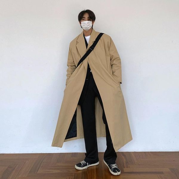 

men's trench coats wear korean trend windbreaker with belt 2021 autumn mid length oversize coat notched long sleeve cloth, Tan;black