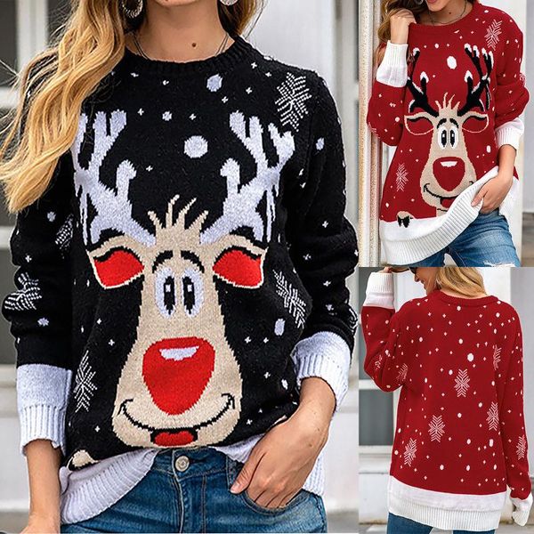 

women's sweaters christmas temperament round neck elk print elegant long-sleeved pullover winter fashion warm woolen, White;black
