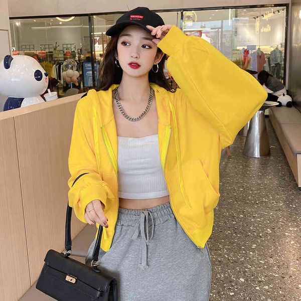 

spring and summer new products women's thin belly button exposed zipper coat candy color hooded long sve clip, Black;brown