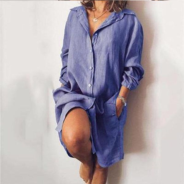 

women's blouses & shirts autumn women lapel neck long sleeve shirt dress elegant work ol female solid loose buttons plus size, White