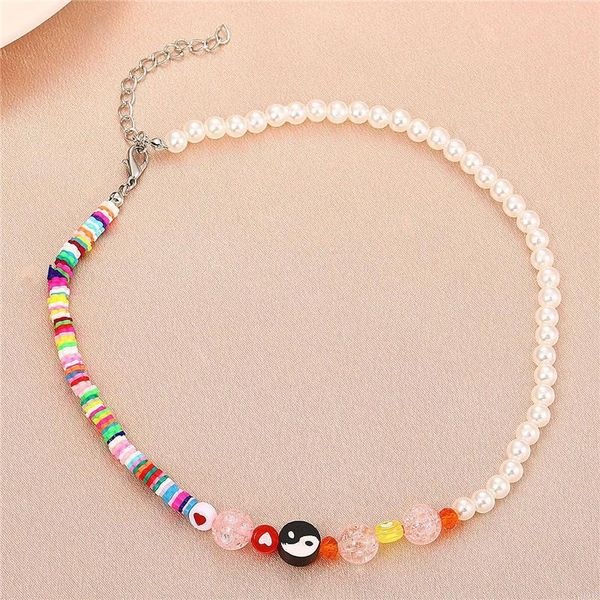 

chokers colorful clay beads chain necklaces for women simulation pearl tai chi beaded choker necklace fashion jewelry gift, Golden;silver
