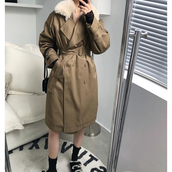 

women's fur & faux hxjjp collar wool lining long sleeve coat 2021 cotton thicken warm winter jacket, Black