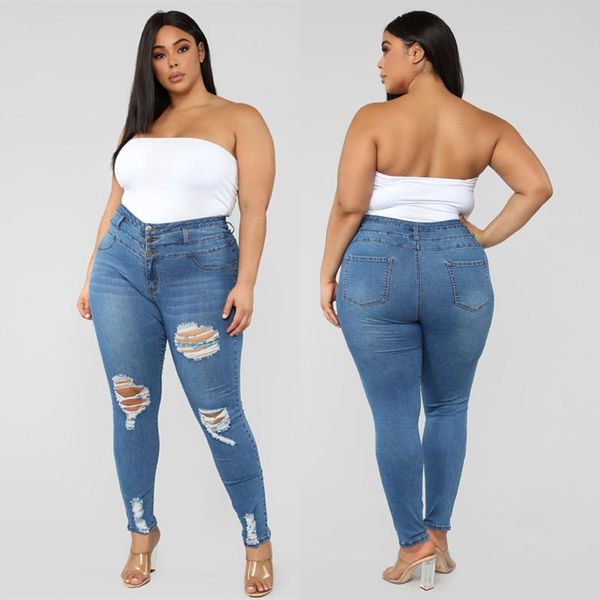 

oversized jeans woman ripped holes hole skinny pencil fat female high waisted denim pants jardineras mujer plus size l-4xl women's, Blue