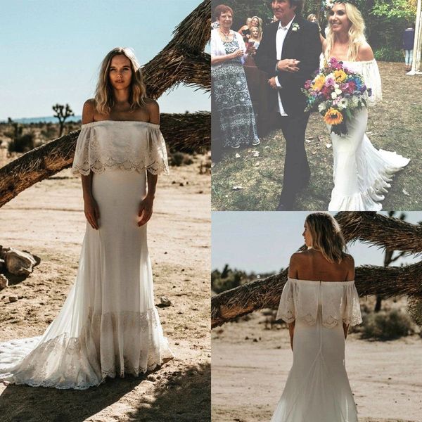 

romantic boho summer off the shoulder wedding dress 2022 bridal gown with sleeves chiffon lace applique backless sweep train beach stylish c, White