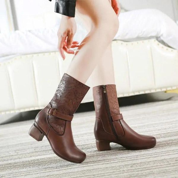 

boots mid-heel winter mid-barrel non-slip women's leather retro, Black