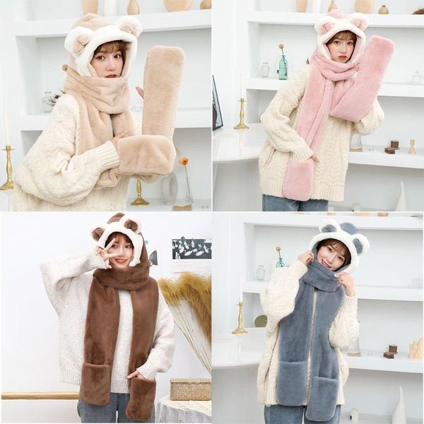 

beanies fashion cute bear warm faux fur women caps ear hat scarf set