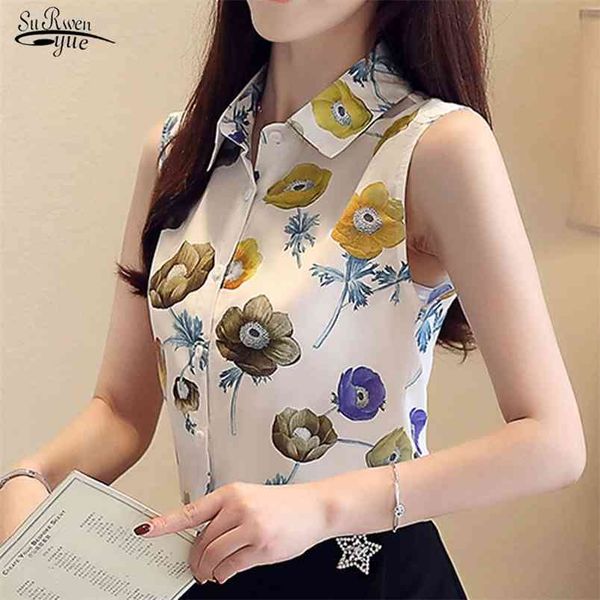 

blusas summer women and blouses sleeveless floral chiffon blouse shirt office lady elegant print womens 4367 210421, White