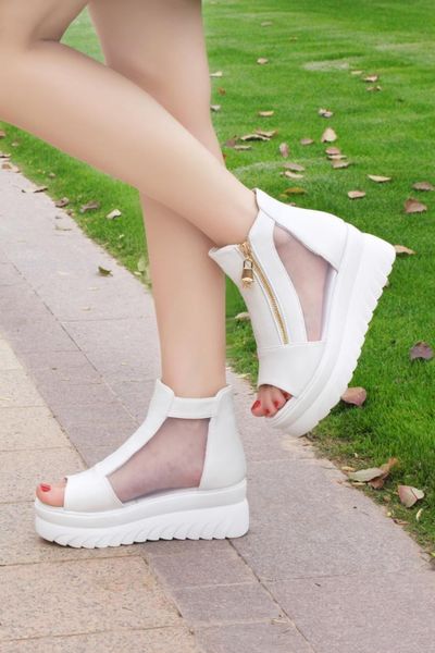 

fish mouth sandals female wedge with 2021 korean fashion zipper roman women's shoes, Black