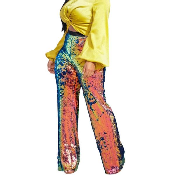 

women's pants & capris high waist rainbow sequin women casual trousers glitter stretchy straight wide leg club wear party sparkly, Black;white