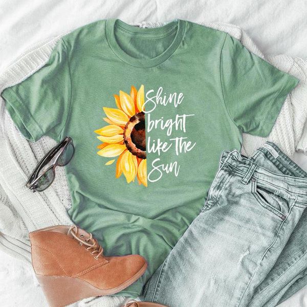

women's t-shirt women shine bright like the sun sunflowers casual funny soft ladies hipster floral letters streetwear tee, White