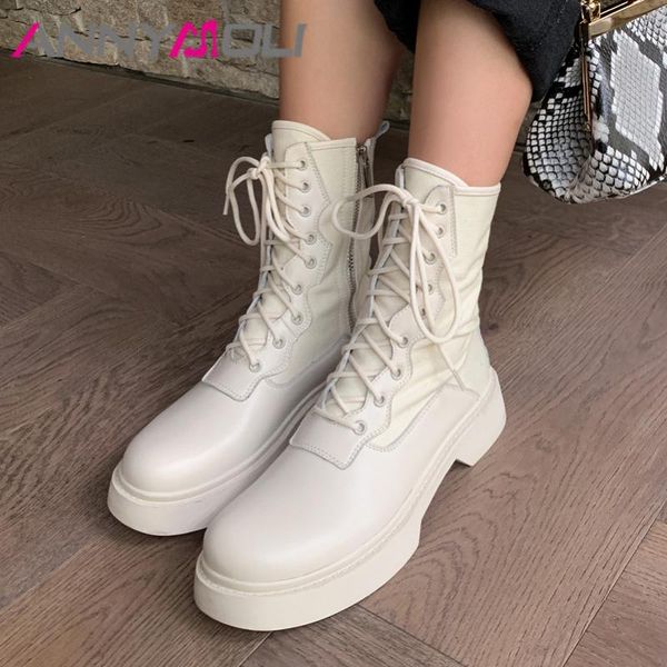 

boots annymoli motorcycle women shoes genuine leather platform flats ankle zip cross tied short ladies black white