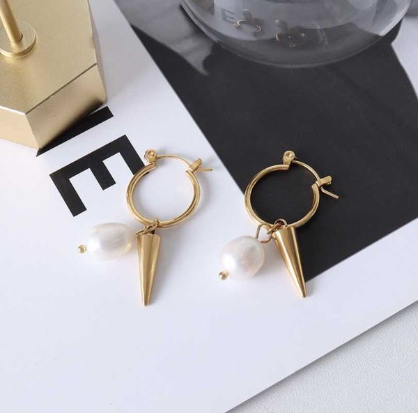 

hoop & huggie woman irregular pearl ear ring stainless steel titanium cone dangle earring for girls 2021 fashion accessories, Golden;silver
