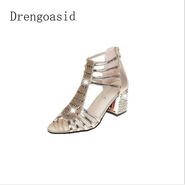 

summer large sizes 41 elegant crystals chunky heels women's shoes woman sandals leisure women, Black