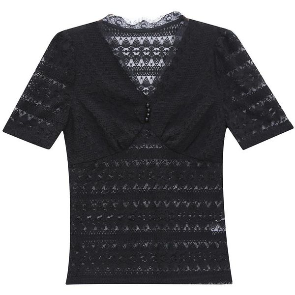 

women's t-shirt 2021 v-neck lace shirt versatile short sleeve, White