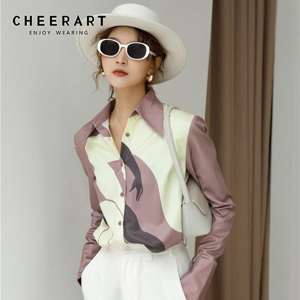 

women's blouses & shirts cheerart minimal art print long sleeve shirt women satin korean style ladies button up purple designer top, White