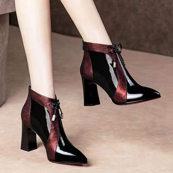 

high heeled ankle boots woman fall/winter warm shoes women's booties pointed toe thick heel color matching blue wine-red, Black