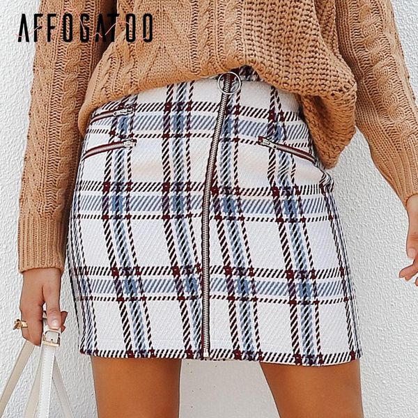 

skirts affogatoo elegant tweed plaid mini skirt women fashion cute front zipper short female temperament 2021 autumn winter, Black