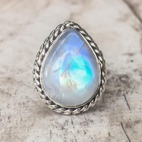

cluster rings delicate bohemia pear shape moonstone for women female wedding party finger ring fashion boho jewelry, Golden;silver