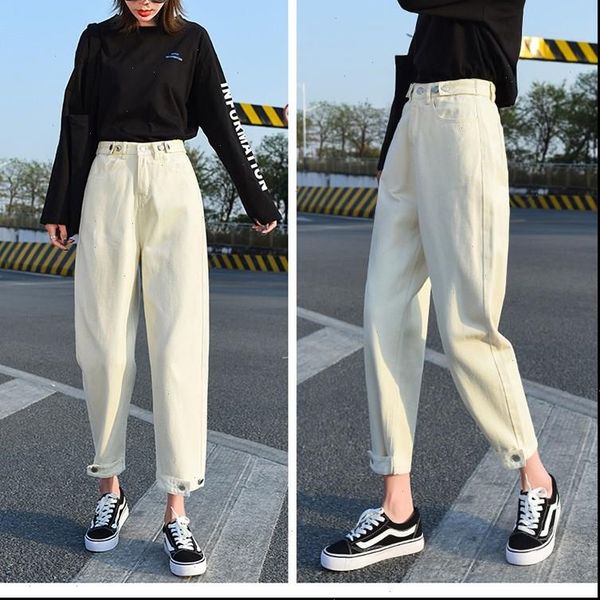 

boyfriend harem straight loose solid women jeans high waist denim pants chic streetwear mom summer, Blue