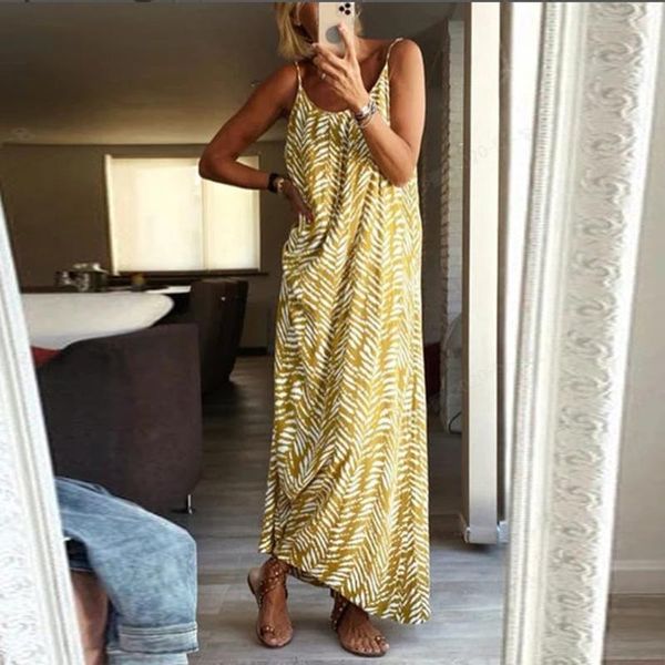 

casual dresses women summer long dress beach maxi print boho o neck sleeveless party, Black;gray