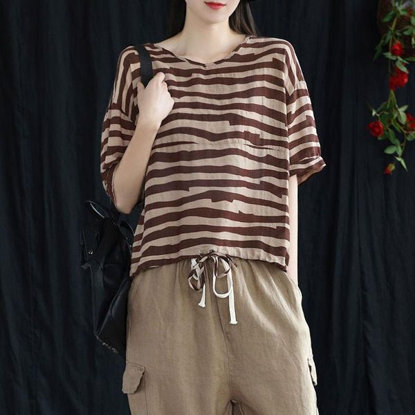 

women's t-shirt summer style women t shirt plus size short sleeve loose drawstring design casual tee femme cotton linen striped d84, White