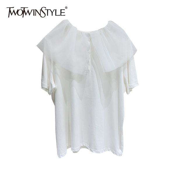 

twowinsyle casual patchwork mesh shirt for women o neck short sleeve solid loose shirts female summer fashion stylish 210524, White