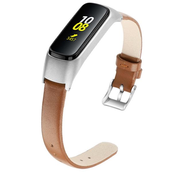 

watch bands leather compatible with samsung galaxy fit e smart grain band slim & thin replacement wristband wb205, Black;brown