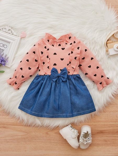 

baby 2 in 1 heart print ruffle trim bow front dress she, Red;yellow