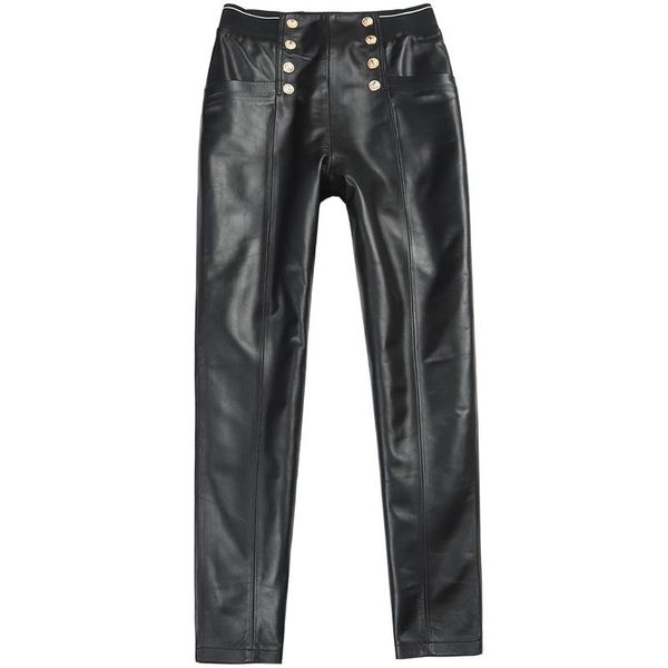 

women's pants & capris real leather great quality elastic waist genuine sheep female was thin soft with pockets wy284, Black;white