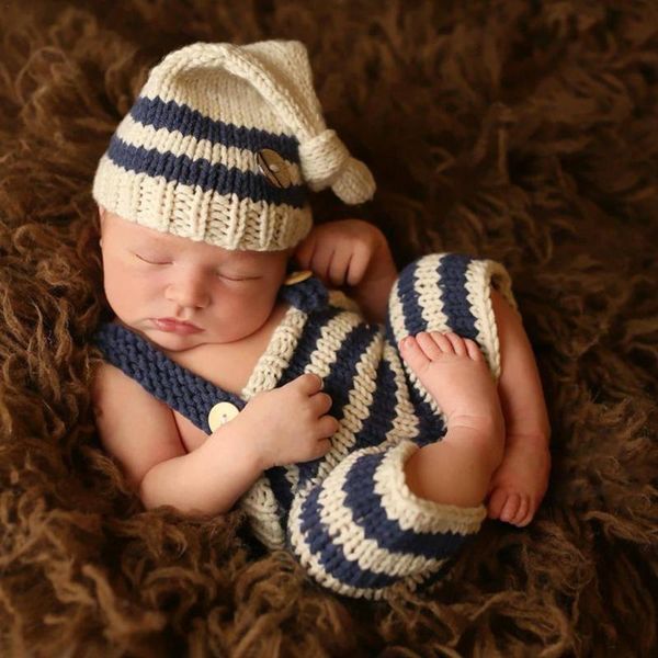 

caps & hats baby po costume clothes born girls boys pography prop crochet knit overall bib pants + hat 2pcs sets striped outfits, Yellow