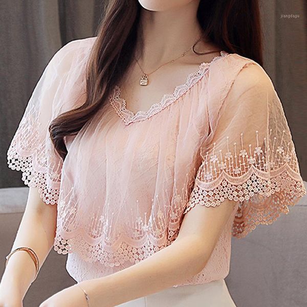 

women's blouses & shirts femme summer blouse women blusas mujer de moda 2021 short sleeve v-neck ruffles pink lace shirt a636, White