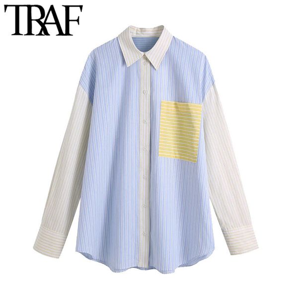 

traf women fashion patchwork pockets striped loose blouses vintage long sleeve button-up female shirts blusas chic 210415, White