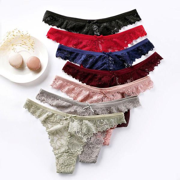 

women's panties european and american hollow breathable low waist lace thong cotton ladies briefs all-match seven colors, Black;pink