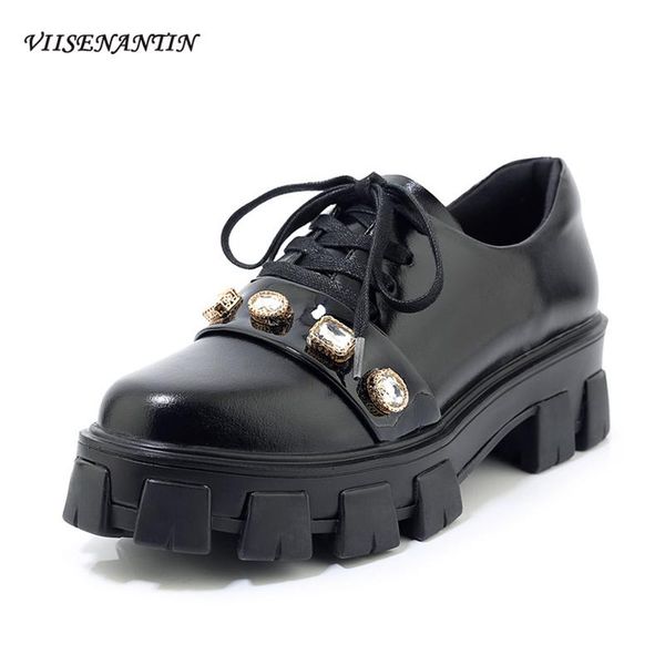 

dress shoes viisenantin red black shiny leather lady bullock shoe rhinestone decor flat platform fashion lace up 2021 bicolor