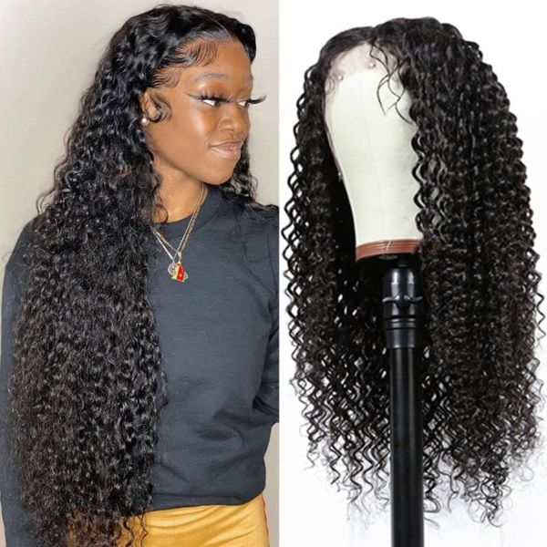 

lace wigs brazilian deep curly wave 13x4 front human hair 28 inches frontal afro water pre plucked, Black;brown