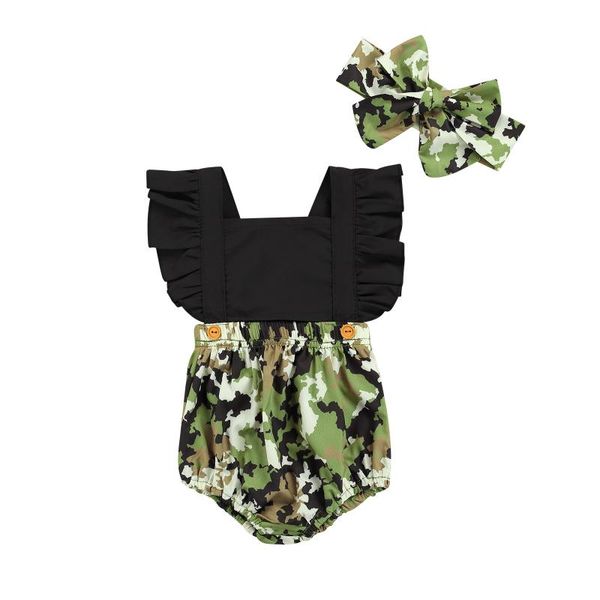 

clothing sets 2pcs fashionable baby girls outfit, toddlers summer creative camouflage printing splicing sleeve romper + bow headwear set, White