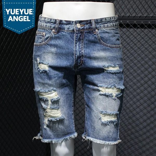 

fashion hole denim shorts men high street loose tassel knee-length summer retro washed cowboy beach 28-36 men's jeans, Blue