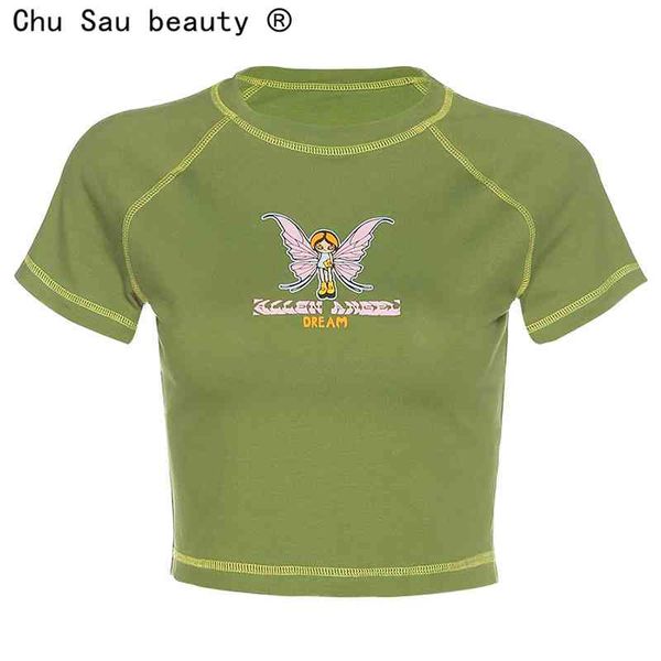 

fashion sweet cute summer girl angel araphic tees crop slim round neck short sleeve printed basic t-shirt for woman 210508, White