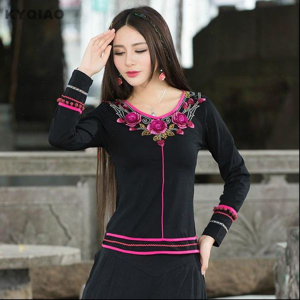 

camisas femininas pullover vintage 70s women ethnic mexico style long sleeve v neck black embroidery t shirt, White