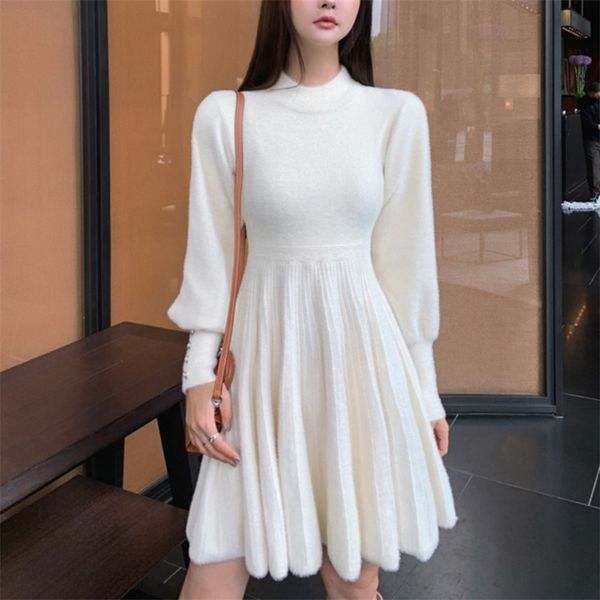 

autumn winter knitted sweater dress women korean sweet vestidos long sleeve button casual pull mini for 210514, Black;gray