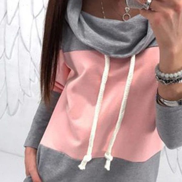 

autumn contrast color drawstring hooded women sweatshirts dress pocket long patchwork sizes s to xl, Black
