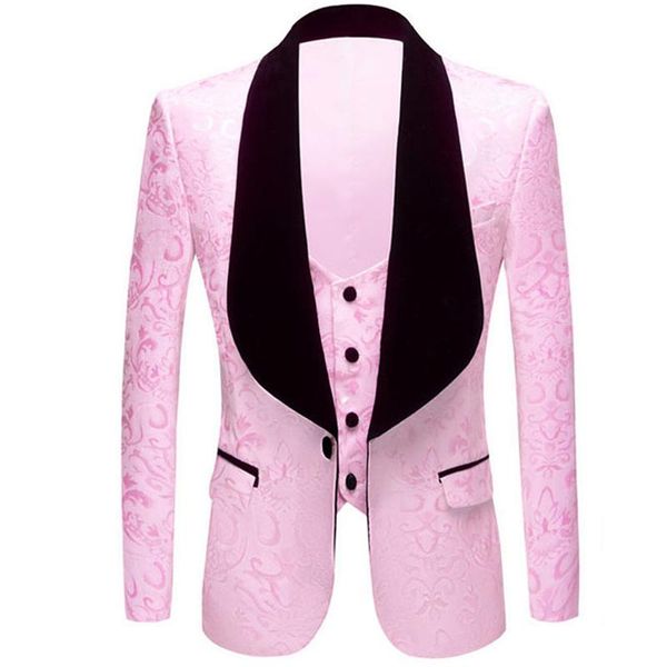 

men's suits & blazers pink jacquard blazer 2 piece vest men casual slim shawl lapel suit wedding stage singer performance costume homme, White;black